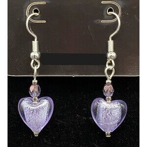 Purple Glass Heart & Iridescent Purple Glass Bead Earrings by Neanie-Bot